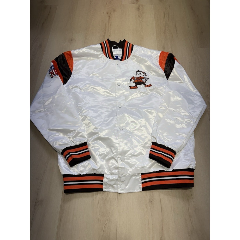 Cleveland Browns NFL Starter Jacket Elf Logo White Satin Snap Jacket Men's 2XL